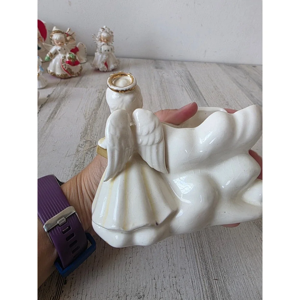 Vintage lefton 1957 Angel planter ceramic cherub girl lady gold 165 figurine